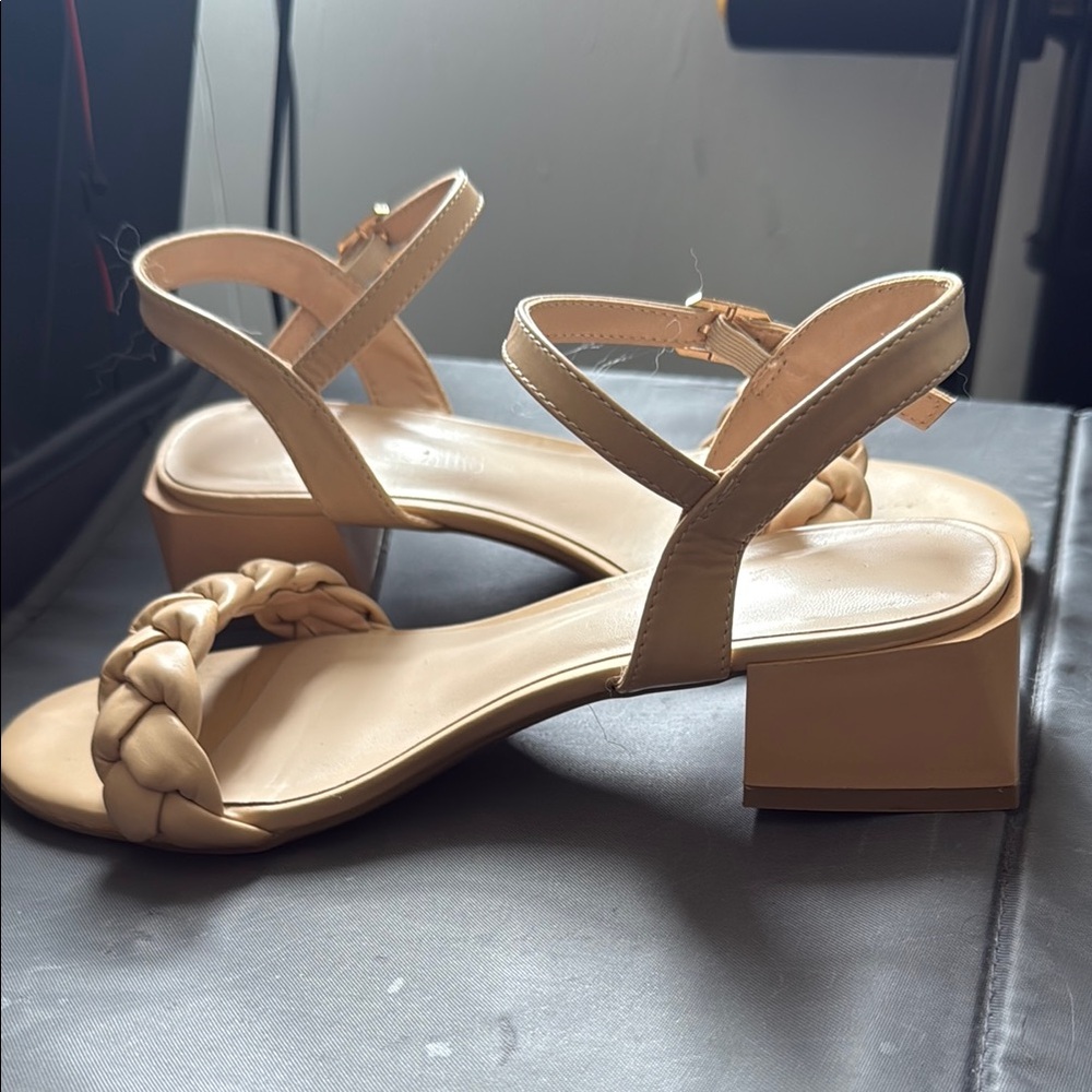 Tan Block Heel Sandals with Ankle Straps